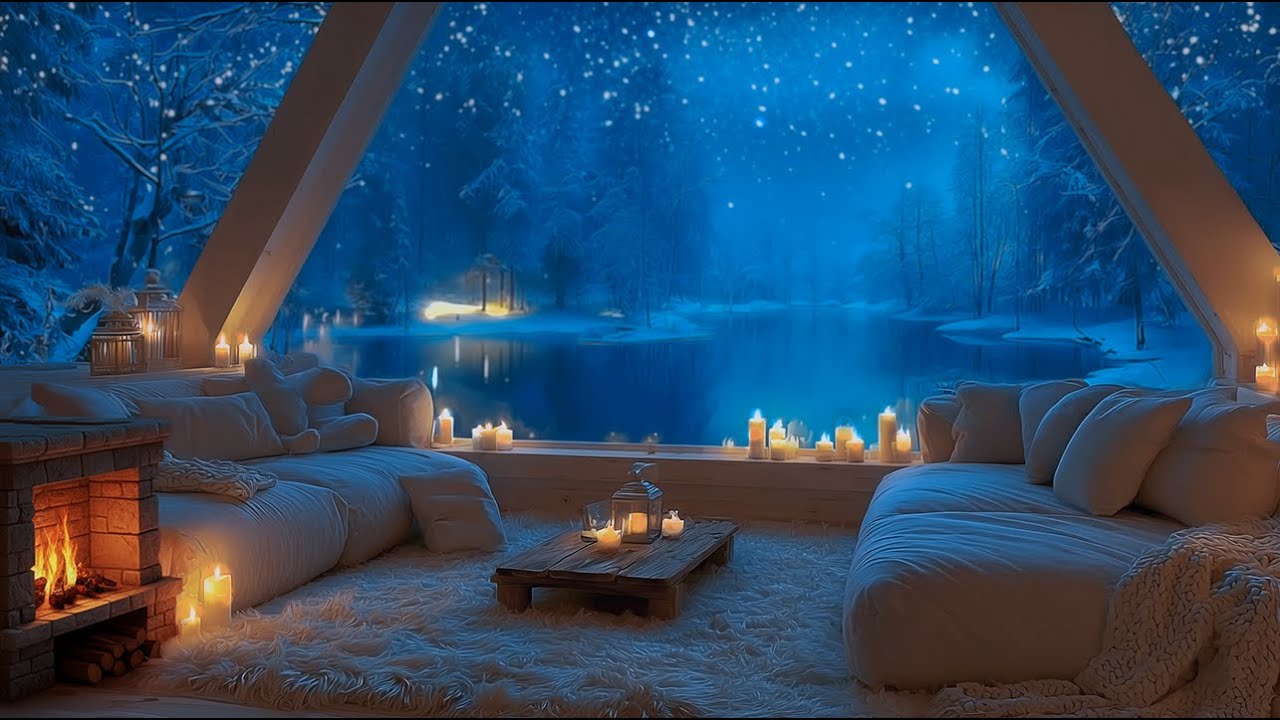 Quiet Winter Piano Lounge at Night | Snowfall & Fireplace | Deep Relaxation— Tonight, just rest.
