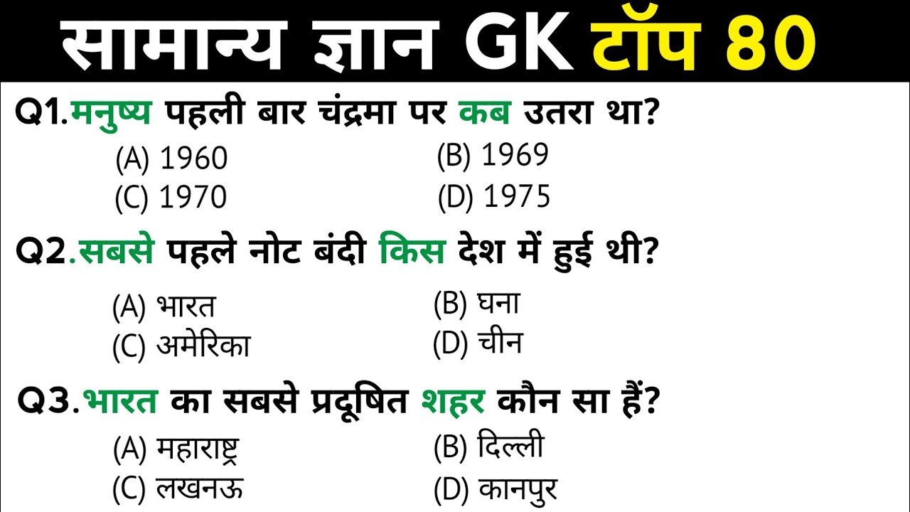 सामान्य ज्ञान | General Knowledge | Top 80 Gk GS questions | SSC GD, MTS, RPF, CRPF | GK in Hindi 