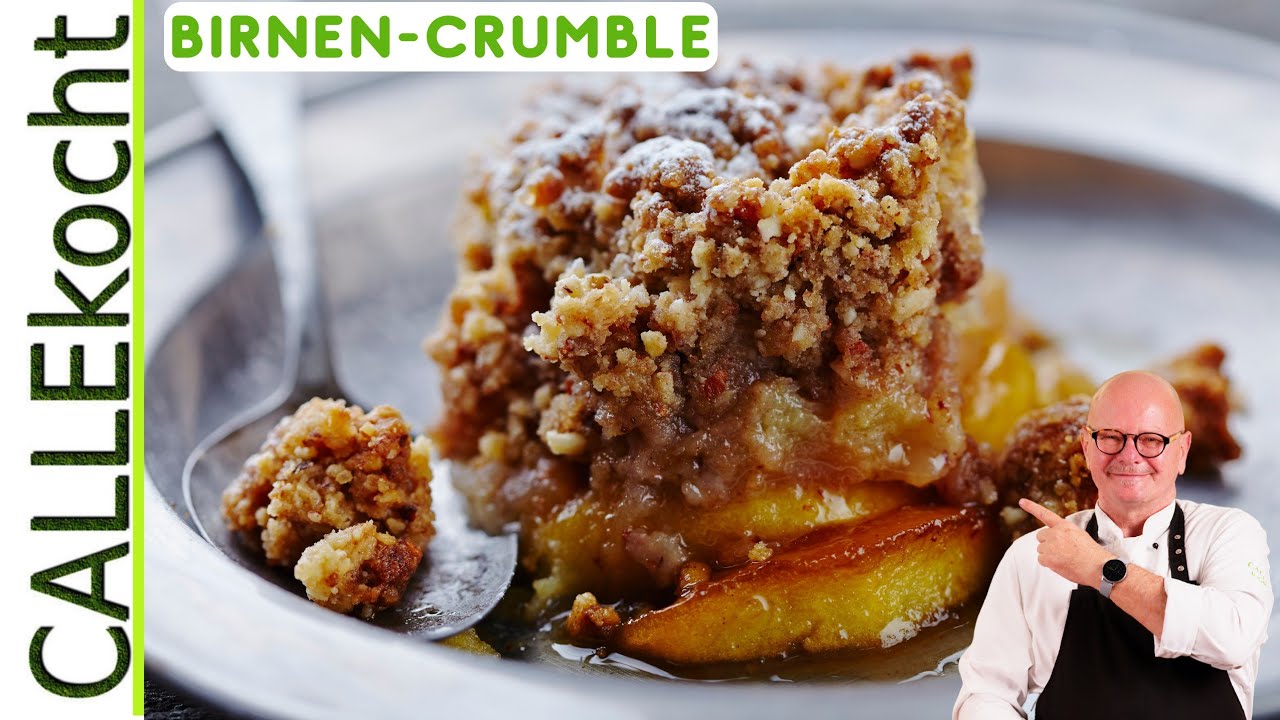 Super schnelles Dessert für kalte Tage: Birnen-Crumble. Das Rezept!