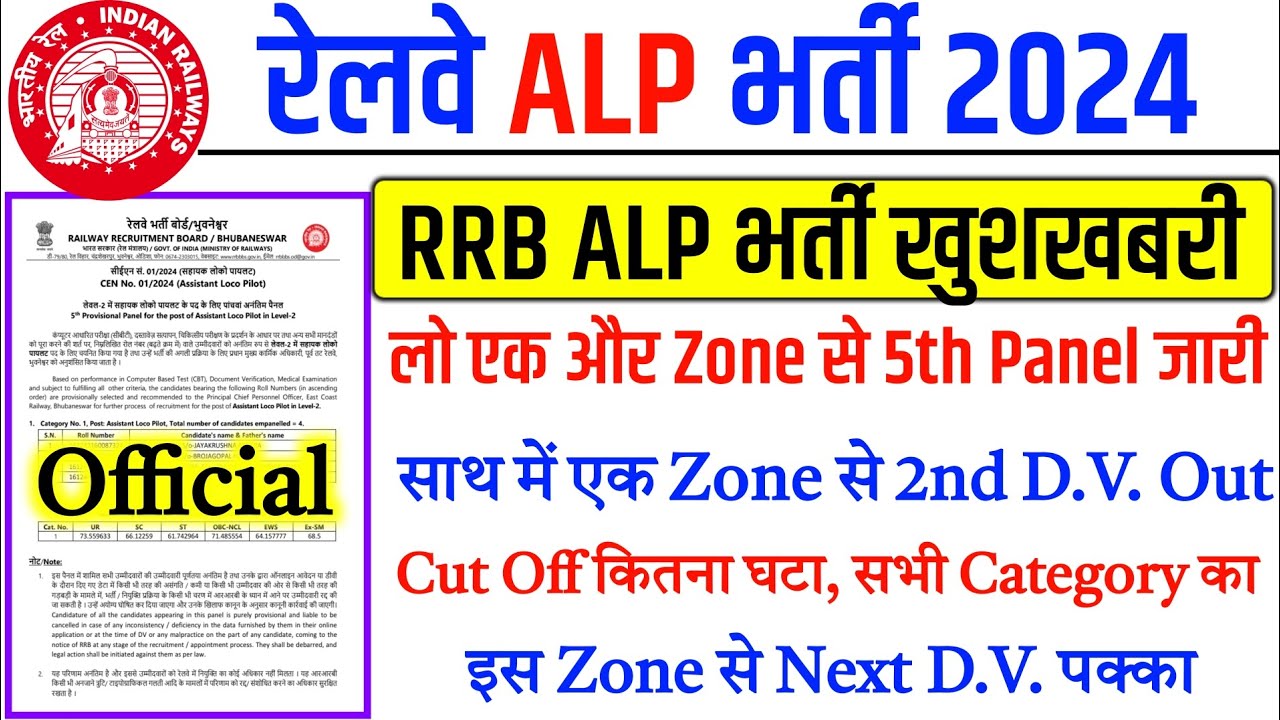 RRB ALP भर्ती खुशखबरी, एक और Zone से 5th Panel जारी, साथ में 2nd D.V. List Out