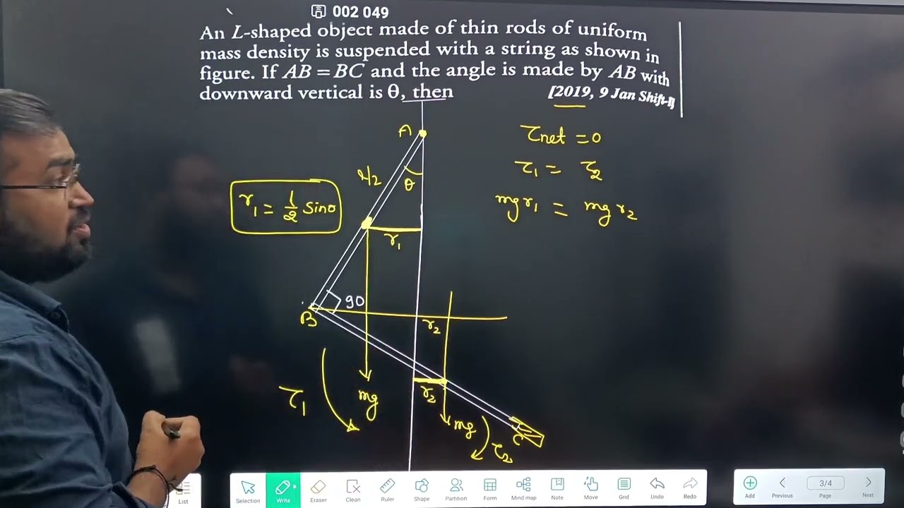 An L - shaped object made of thin rods of uniform mass density is suspended with a string as shown.