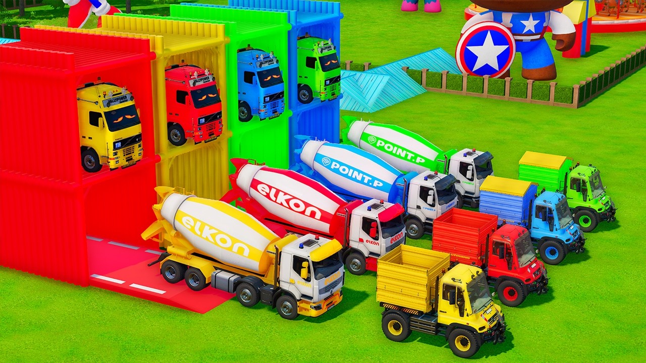 Garage with Colors - ALL MIXER TRUCK WITH DOUBLE FLATBED TRAILER TRUCK, VOLVO, DAF, KRAZ, TATRA