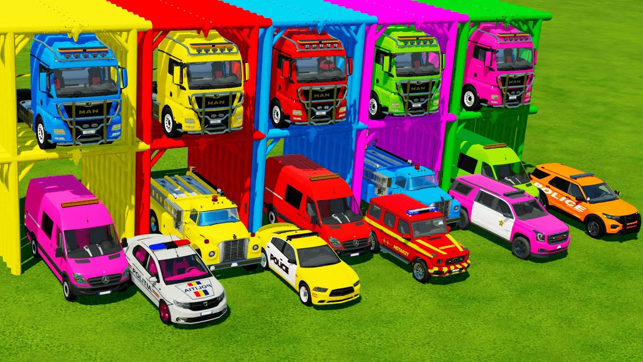 TRANSPORTING ALL POLICE CARS and AMBULANCE EMERGENCY VEHICLES WITH MERCEDES POLICE TRUCKS ! FS22