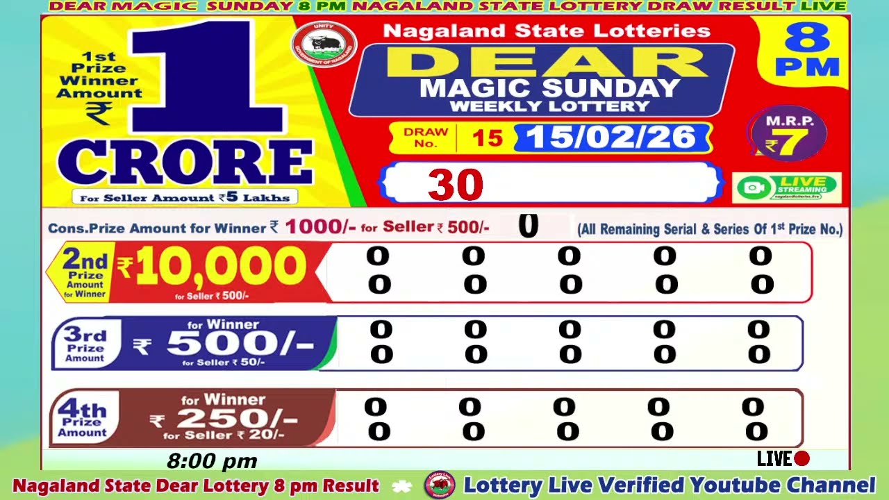 [LIVE] Lottery 8:00 PM Dear Nagaland state lottery live draw result 15.02.2026 | Lottery live