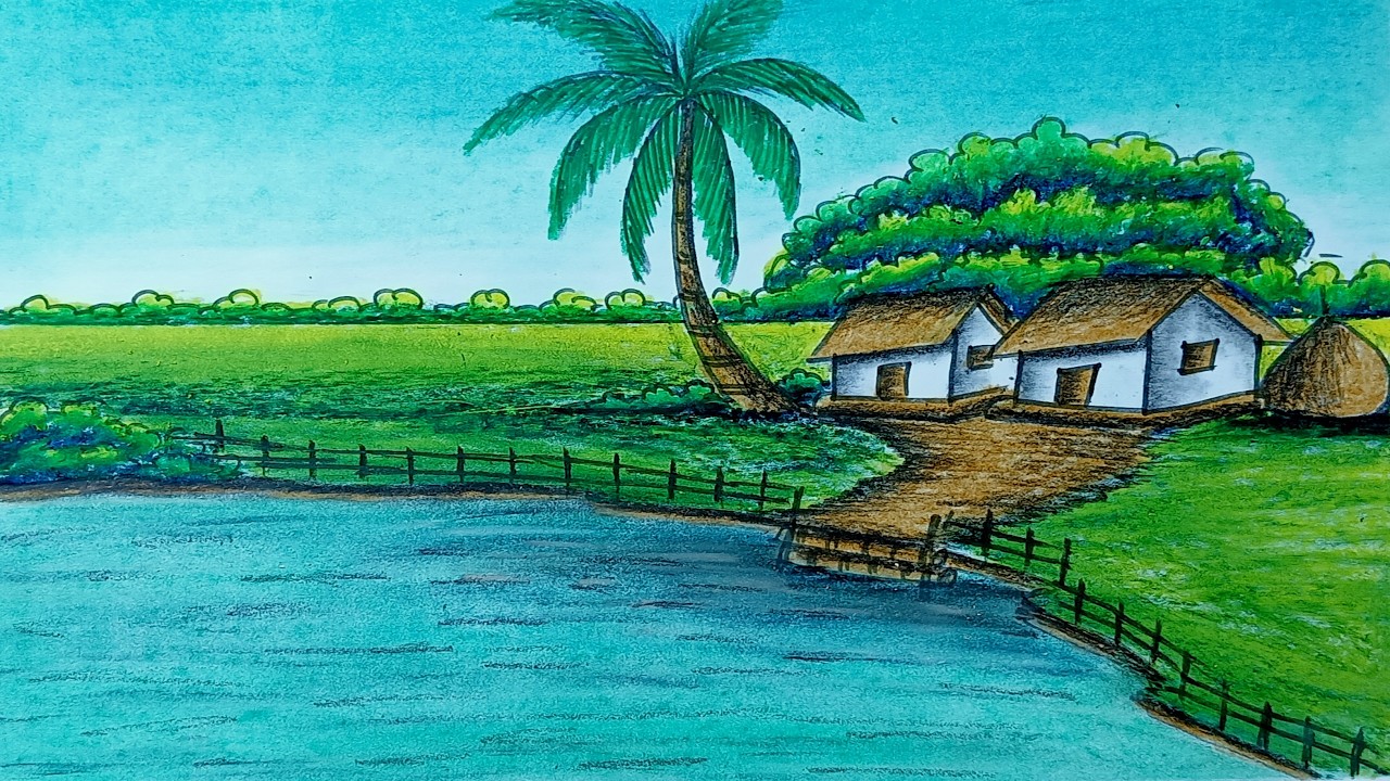 easy village scenery drawing for beginners / beautiful scenery drawing step by step
