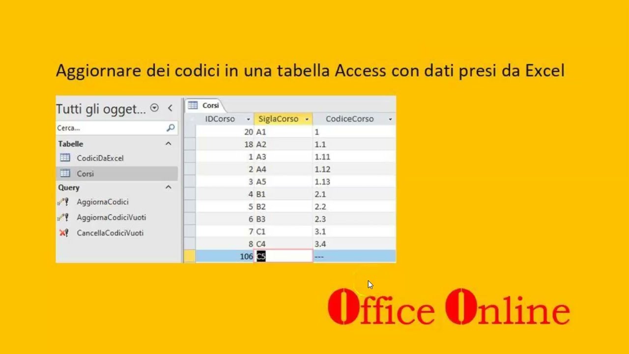 Aggiornare dei codici in una tabella Access con dati presi da Excel