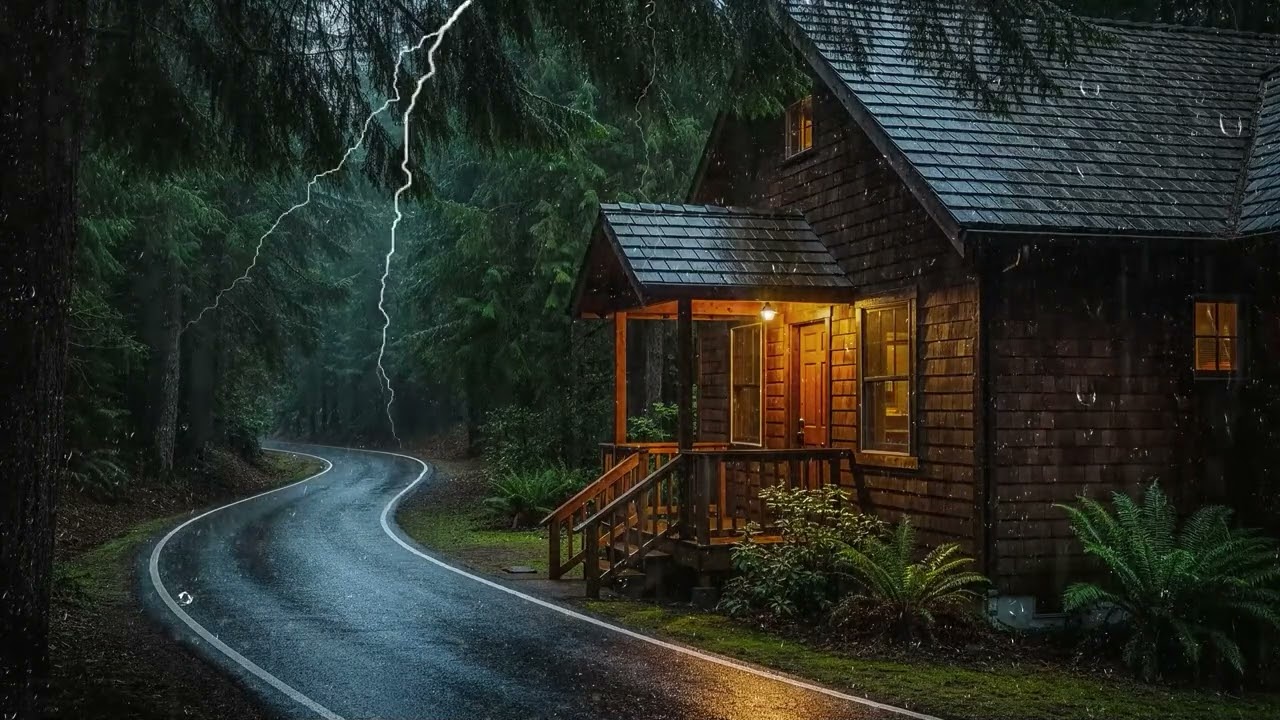 Powerful Night Rainstorm For Relaxation - Deep Sleep Sounds Outside a Warm Forest Cabin