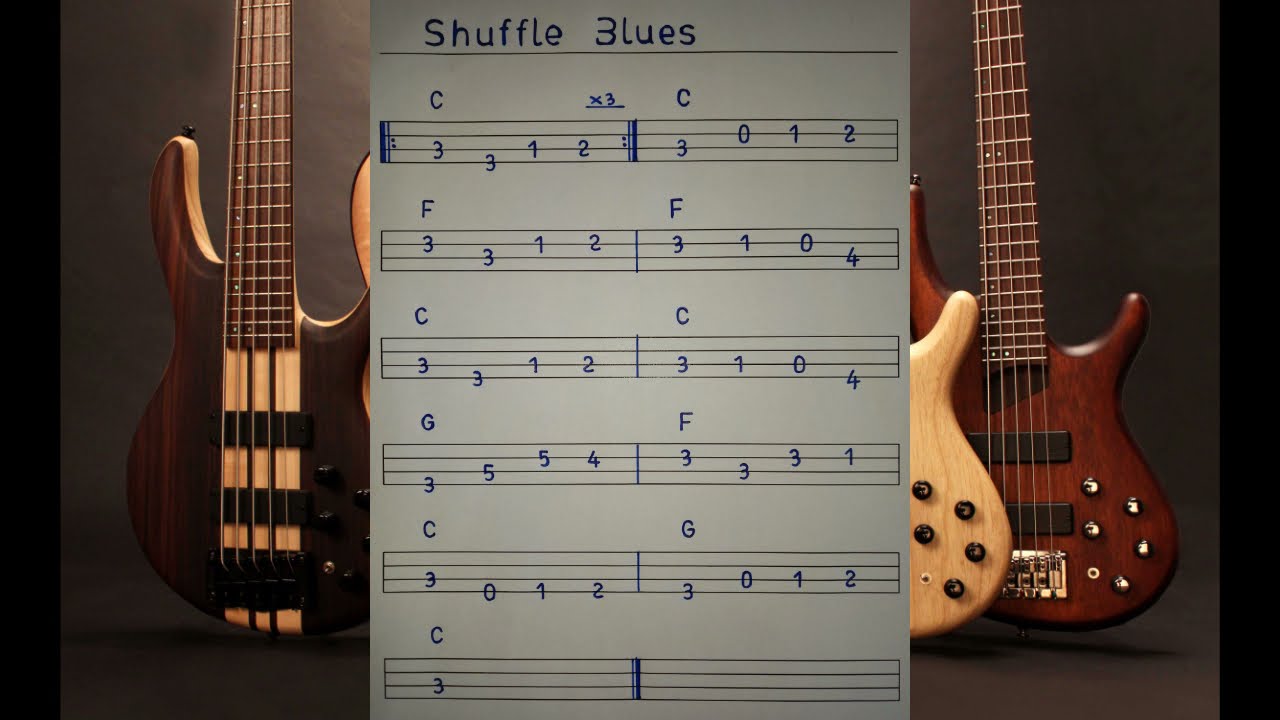 Blues Shuffle Backing Track in C + Bass Tabs.