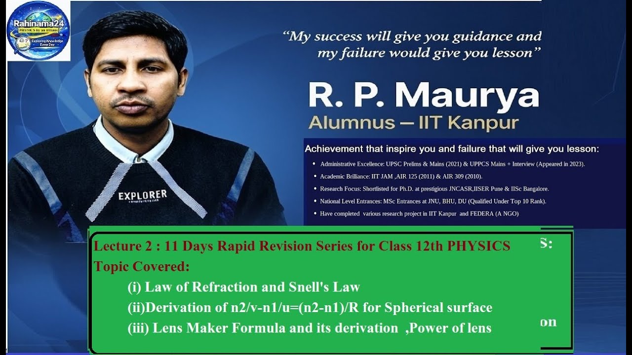 Lecture 2:Day 2 of RRS  for class 12th CBSE (PHYSICS): Ray Optics (Snell's Law,,Lens Maker formula )