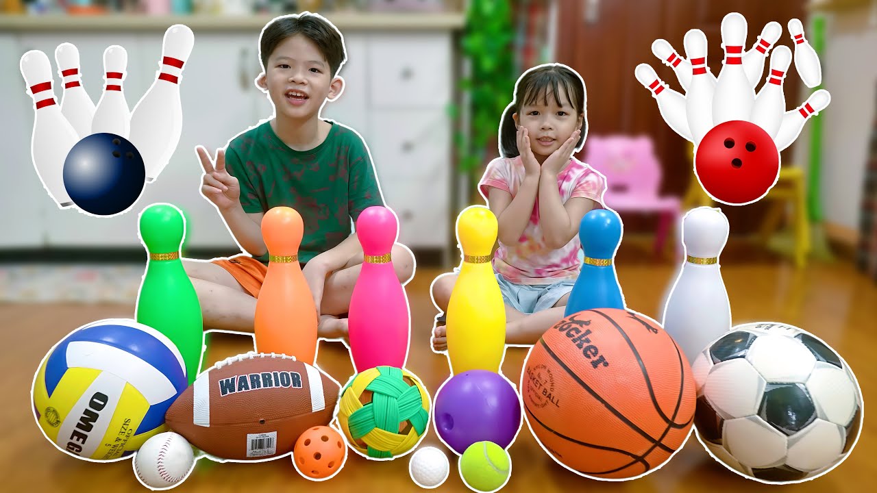 Kids Playing with Balls Compilation - Learn Different Sport Ball Names with Bowling Pins and More