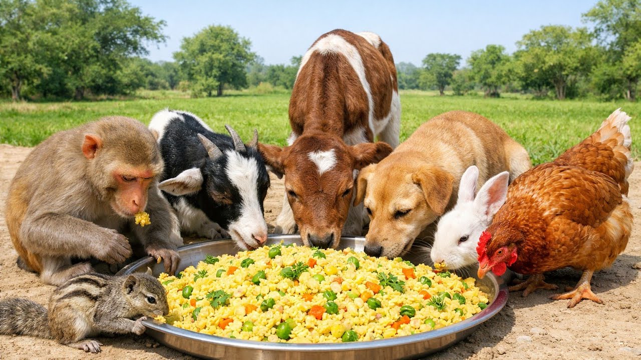 6 Animals Sitting Together Eating Poha | Real Animal Cooking Documentary | Calm Nature Video