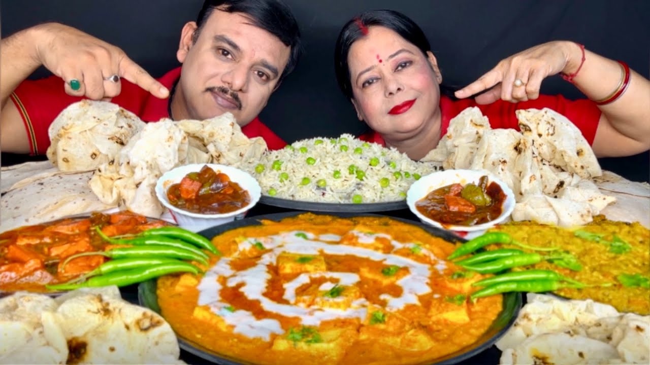SPICY🔥SAAHI PANEER CHILLI PANEER MATAR PULAO BAINGAN BHARTA RUMALI ROTI EATING CHALLENGE| #food#asmr