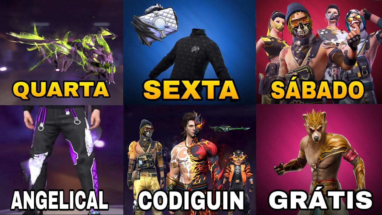 NOVO CALEND&Aacute;RIO SEMANAL FREE FIRE ! CAL&Ccedil;A ANGELICAL ROXA, M1014 EVOLUTIVA, NOVOS ITENS, EVENTOS !