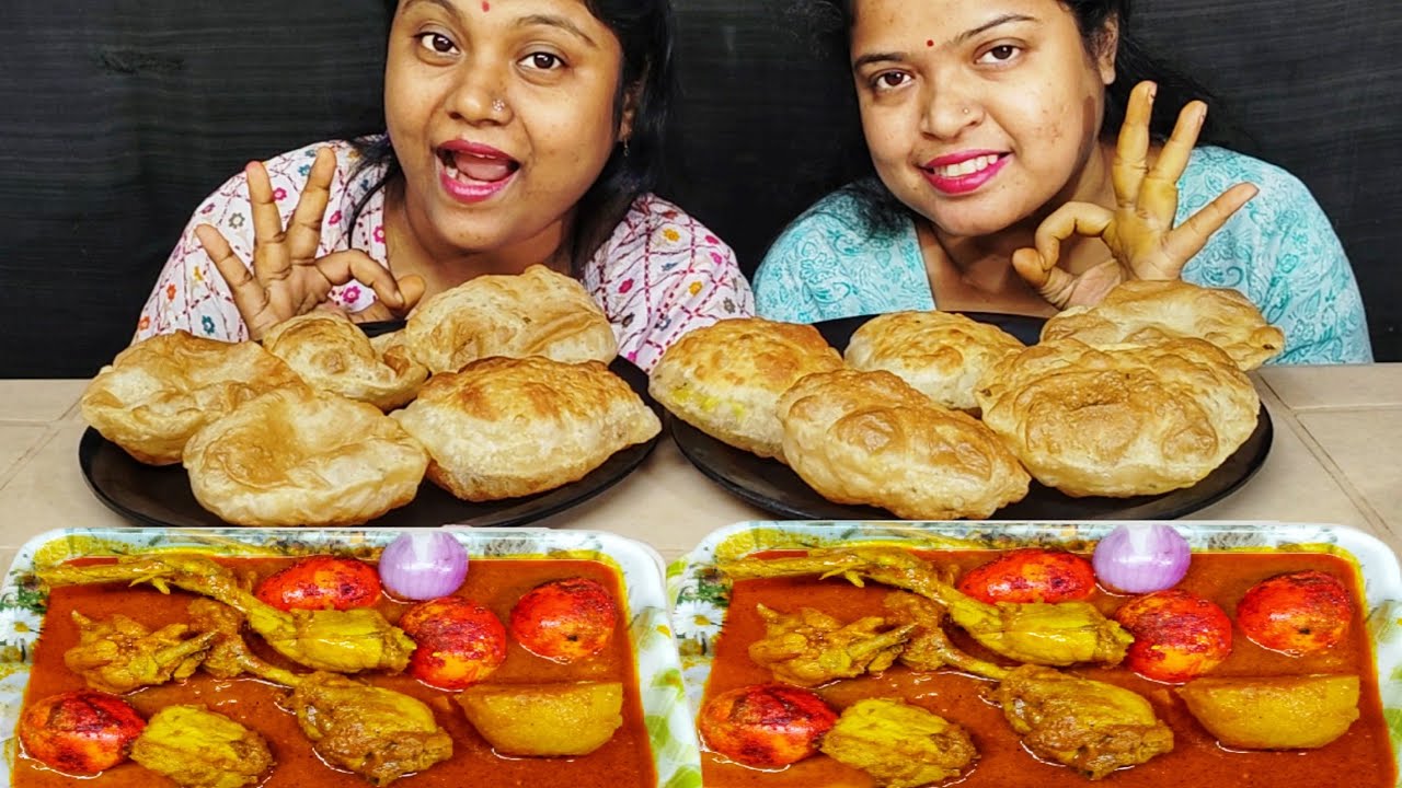 CHICKEN CURRY EGG CURRY WITH PURI EATING CHALLENGE // BENGALI FOOD // food family & more 