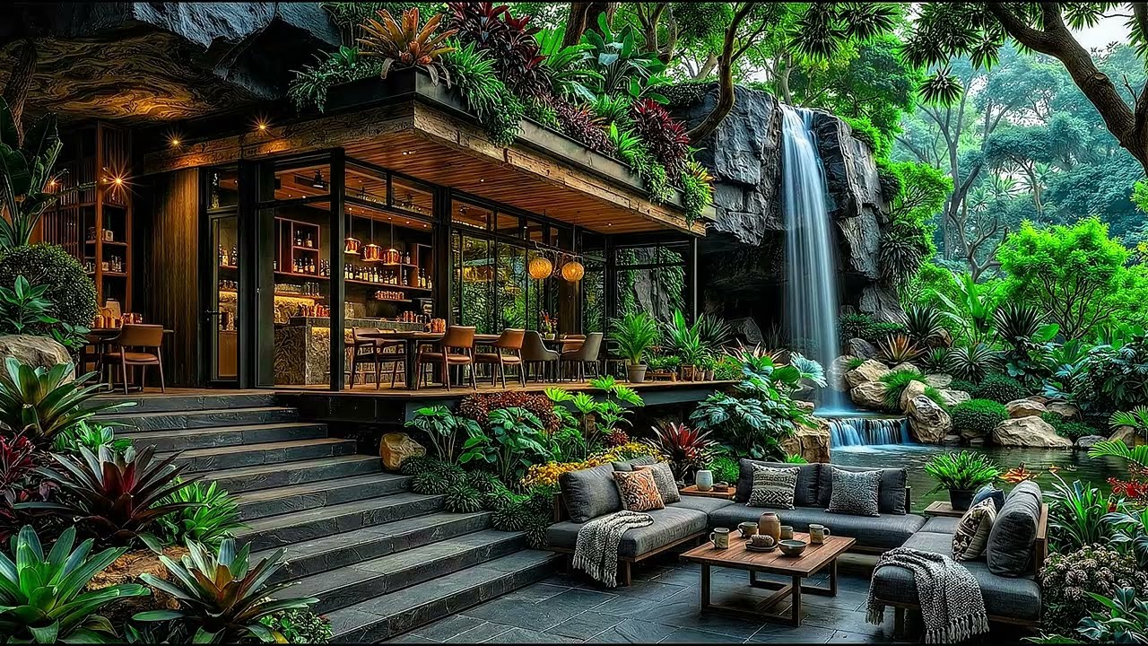 Relaxing Outdoor Coffee Shop Jazz by a Forest Stream 🌿 Spring Jazz for Focus and Relax