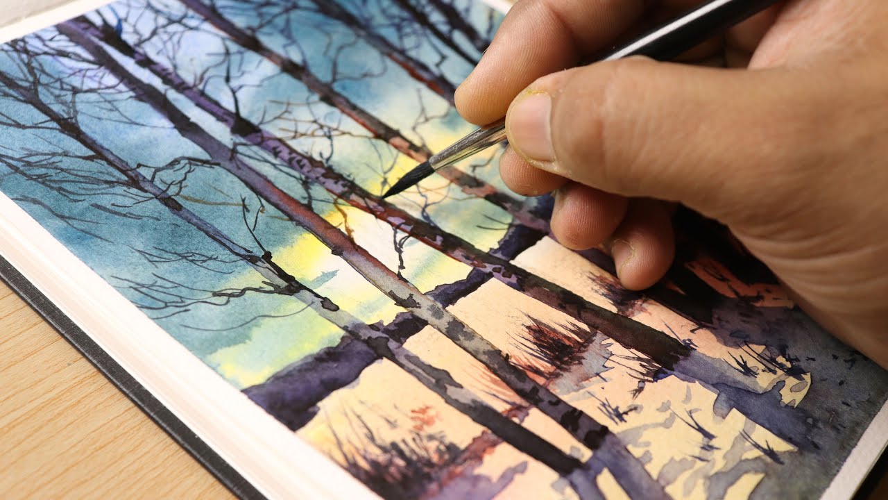Watercolor Painting for beginners Beautiful Birch forest at sunset
