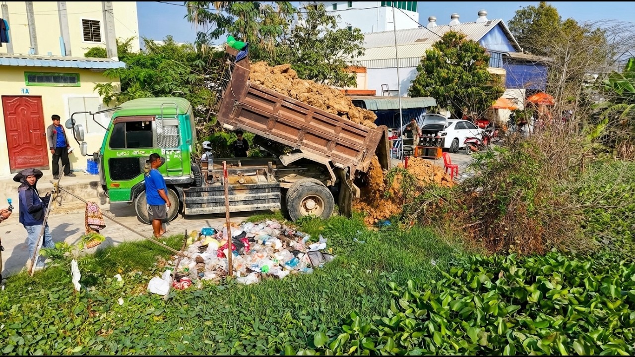 incredible whole project delete pond build factory truck unload bulldozer push soil to water