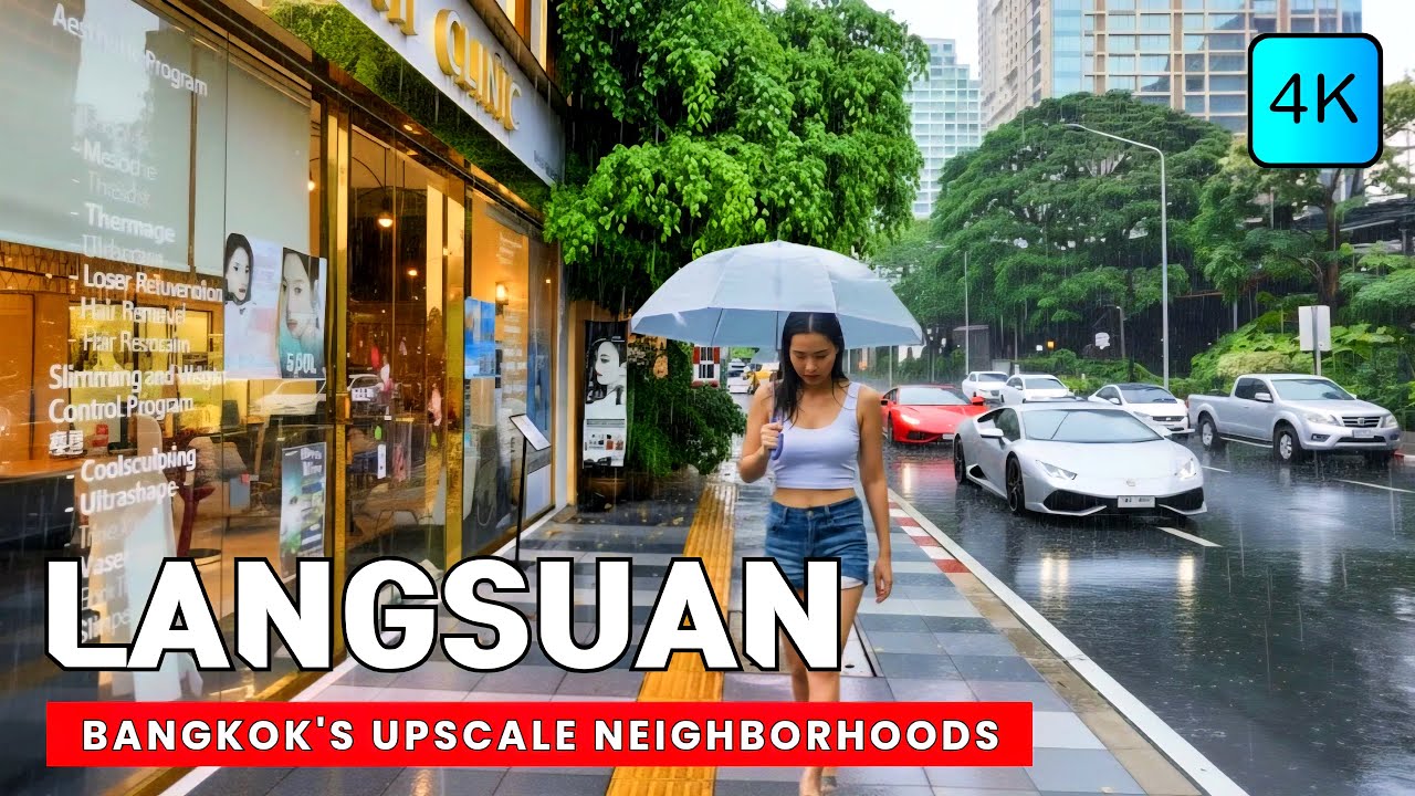 [4K] Tropical Downpour on Langsuan Road Bangkok 🇹🇭 ASMR 🎧 Walking Tour