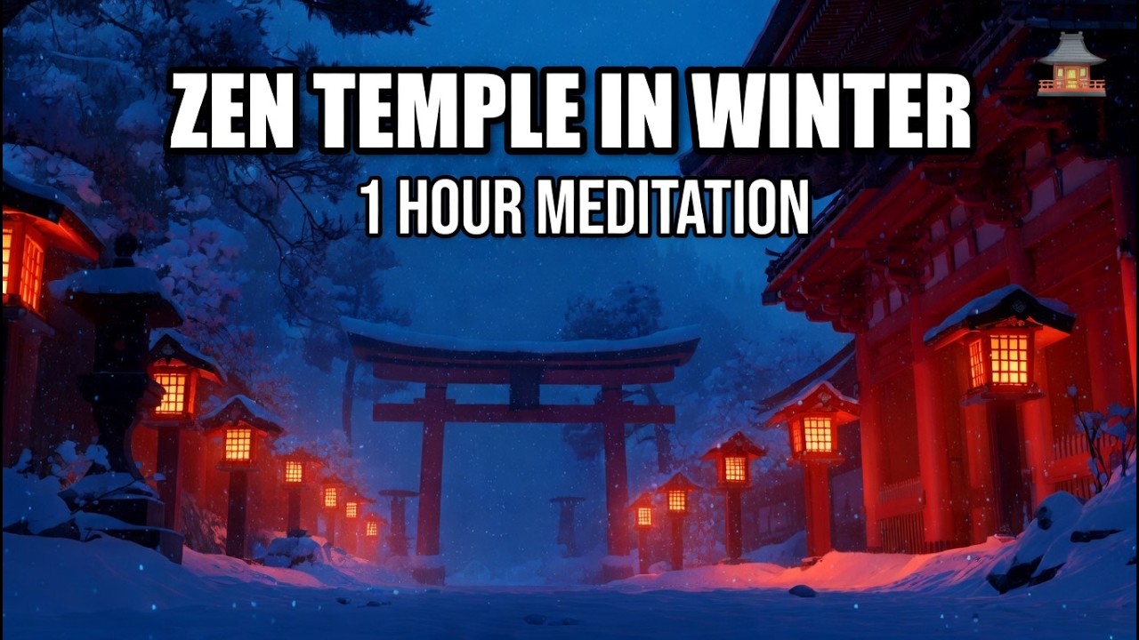 ⛩️ Japanese Zen Temple in Winter with Snowfall & Lanterns | Meditation Ambience (1 Hour)