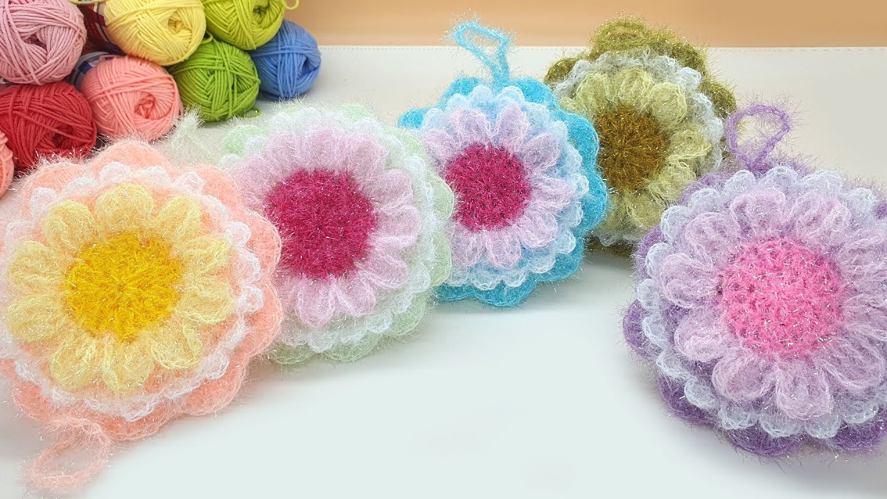 화려한 꽃 평면 수세미 뜨기 / 코바늘 수세미 /  Crochet Dish Scrubby / flower crochet