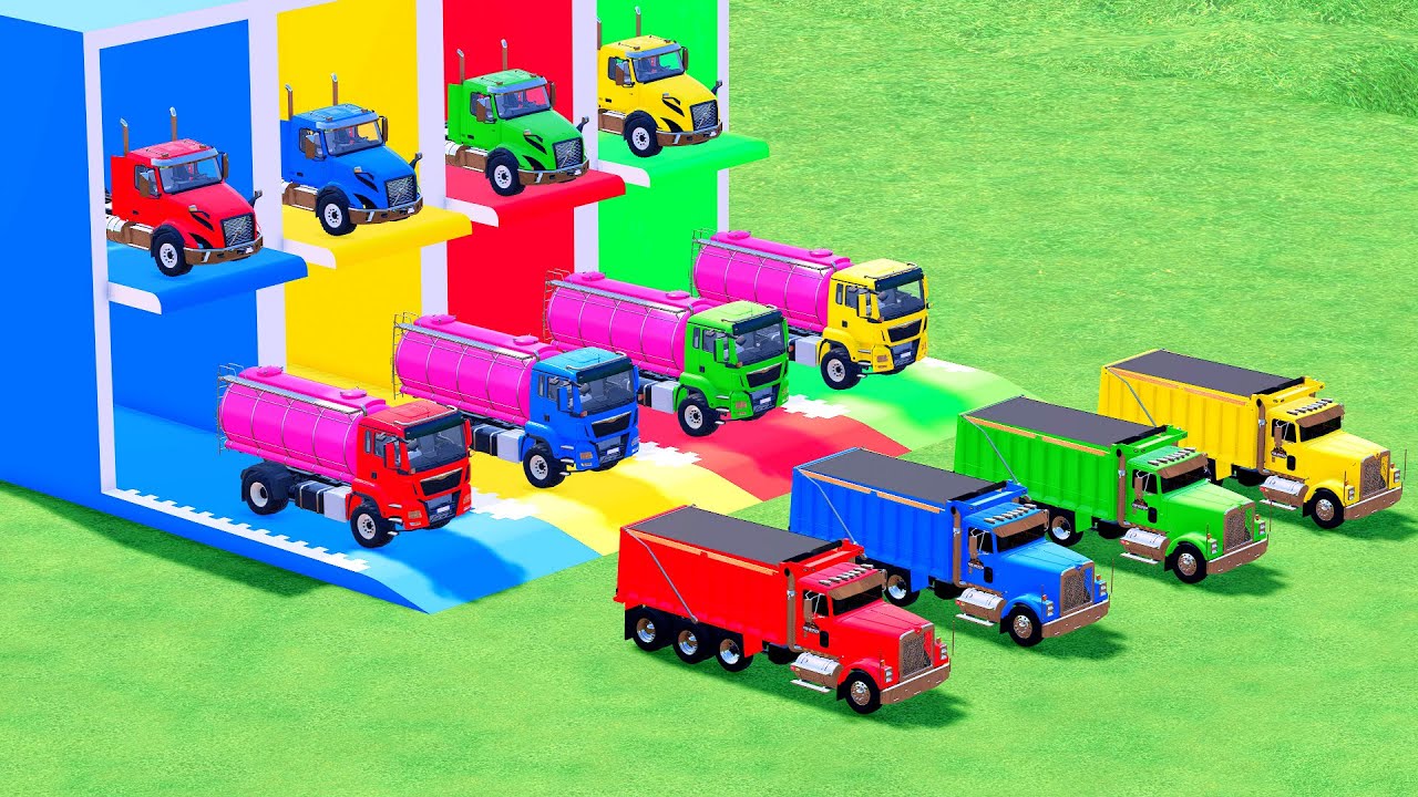 Garage with Colors - ALL MIXER TRUCK WITH DOUBLE FLATBED TRAILER TRUCK, SCANIA, PAZ, RENAULT, MACK