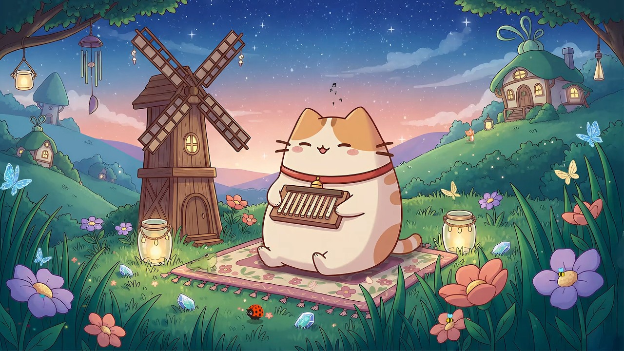 Pusheen Inspired Fantasy Lofi 🌙🐱 Magical Countryside Night for Study & Relax