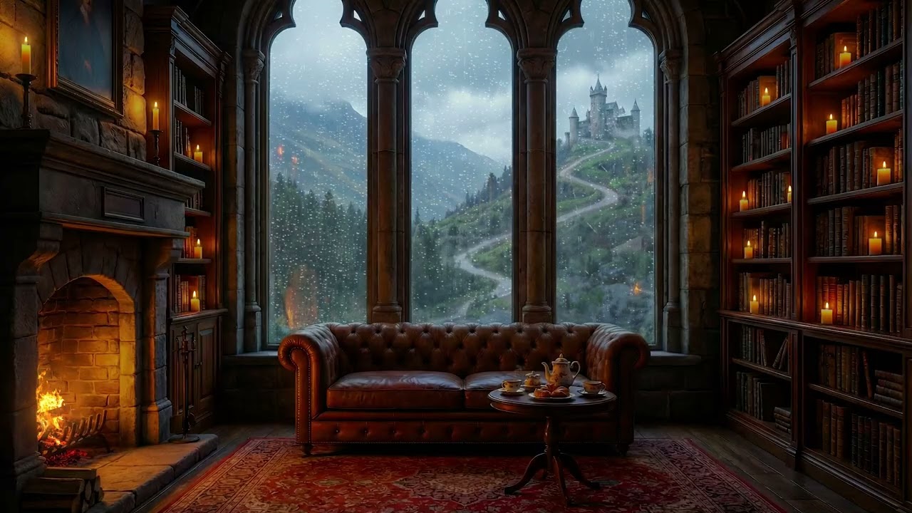 Cozy Scottish Ambience – Highlands Library by the Sea | Rain Sounds & Fireplace Crackling (No Ads)