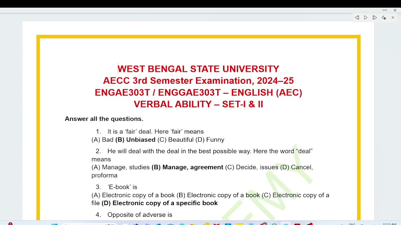 wbsu aecc english 3rd sem set - i & ii 2024 25 question papers solved