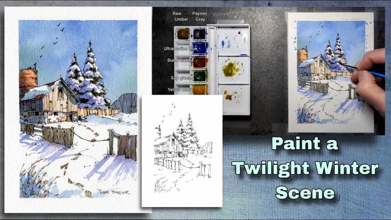 Easy and fun Line and Wash Watercolor of a Twilight Barn in winter. Peter Sheeler, sheelerart
