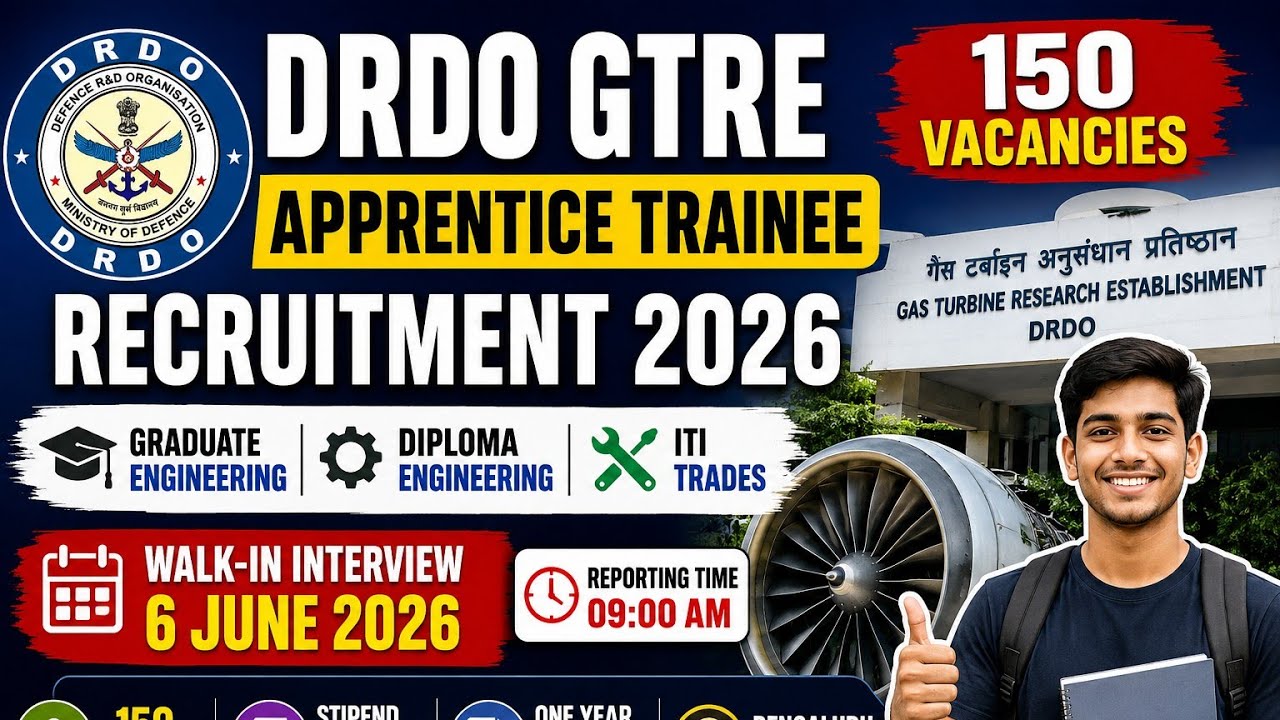 DRDO GTRE Apprentice Recruitment 2026 🔥 150 Vacancies | Walk-In Interview | Freshers Eligible