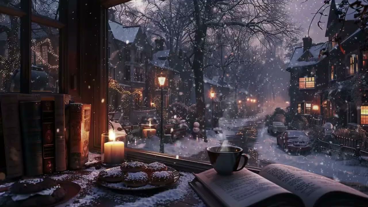 Silent Winter Room Ambience ❄️ Snow Falling Outside, Warm Coffee and Crackling Fire for Relaxation