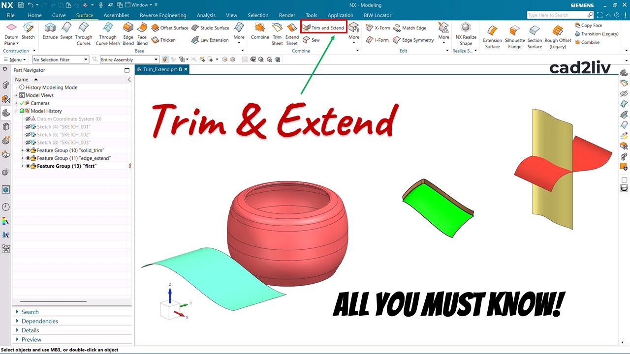 NX_Surface_Modeling | #Trim & Extend | Trim & Extend in NX | #nxtutorials | NX CAD | Cad2liv