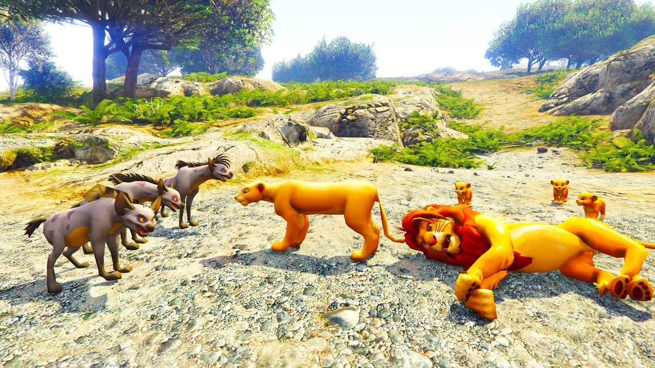 Simba and Nala roam the creek and fighting against hyenas (4K Video Ultra HD)