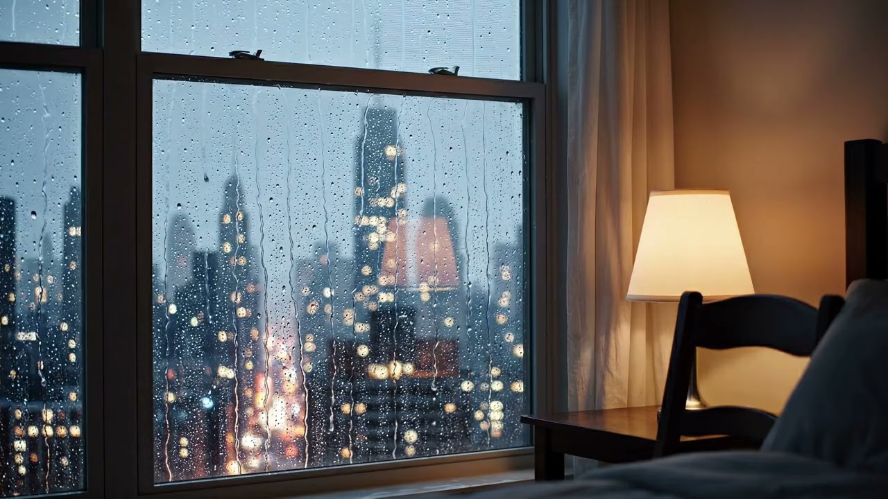 4K Night Rain (ASMR) on Window with City Lights