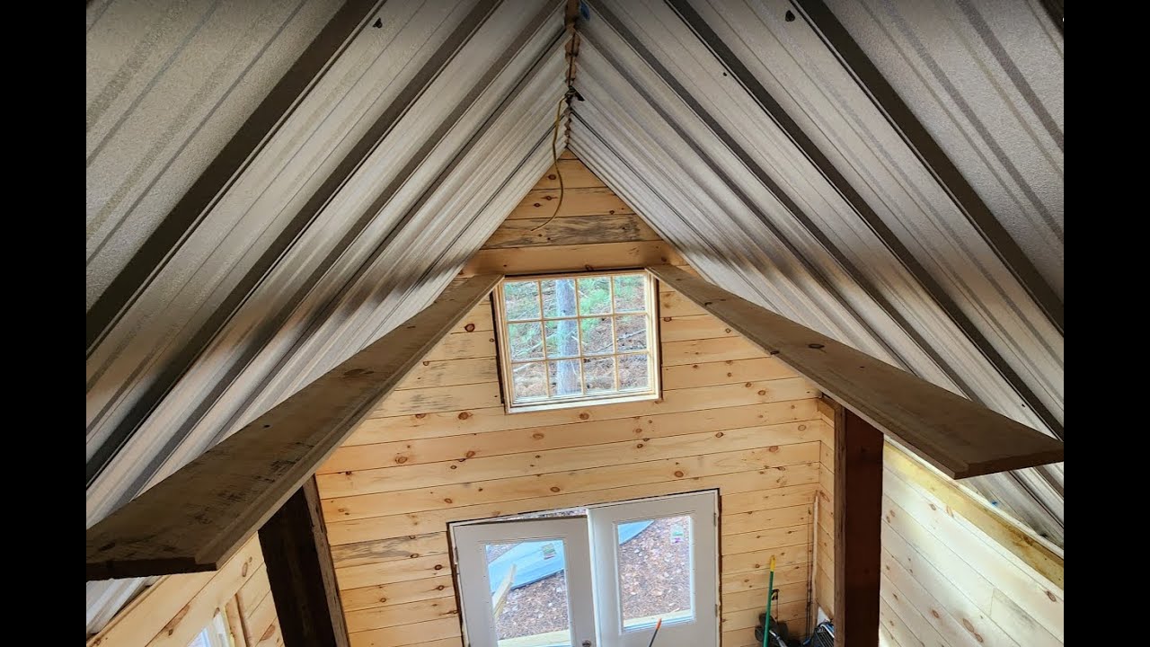 12 x 16 Off Grid Cabin Build - Episode 9 -  Metal Ceiling Installation