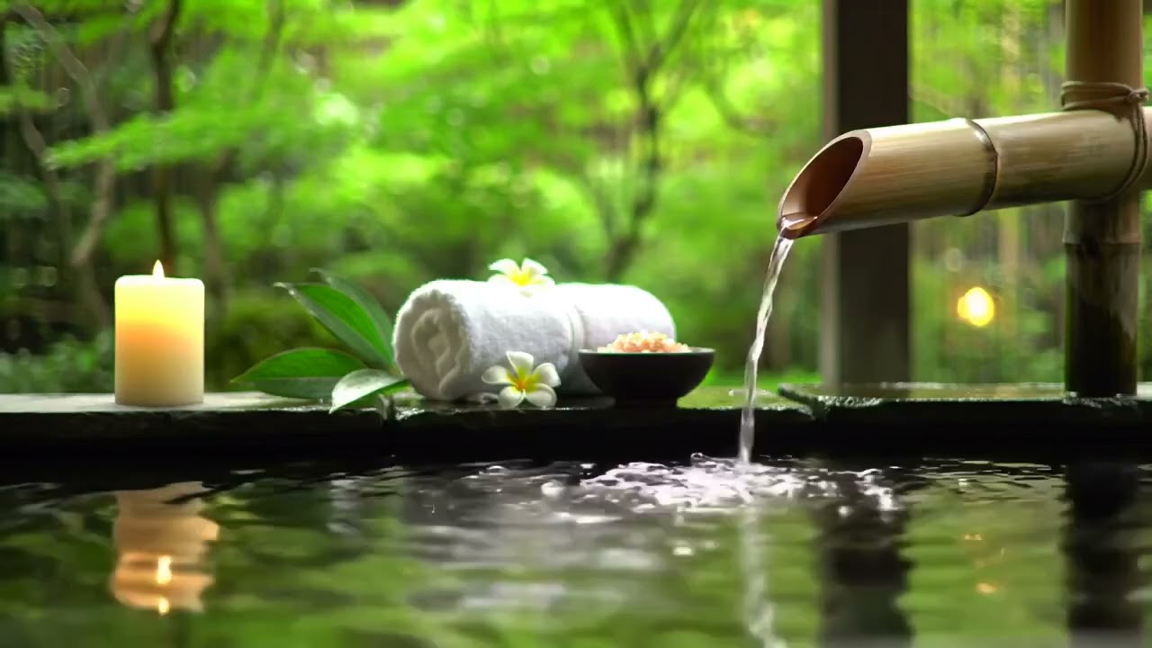 Healing Zen Stream Ambience Bamboo Fountain and Candlelight with Water Ripples for Stress Relief & M