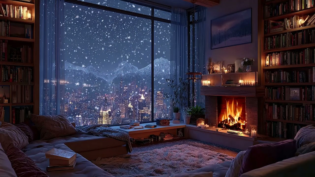 Calm Snowy Cabin Night | Soft Fireplace Glow and Gentle Falling Snow for Deep Sleep ❄️🔥