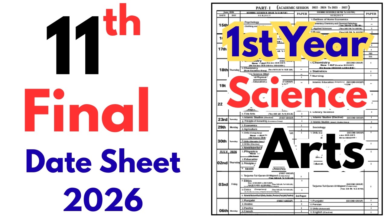 11 Class Date Sheet 2026 Punjab Boards | 1st Year Date Sheet 2026 | Class 11th Date Sheet 2026