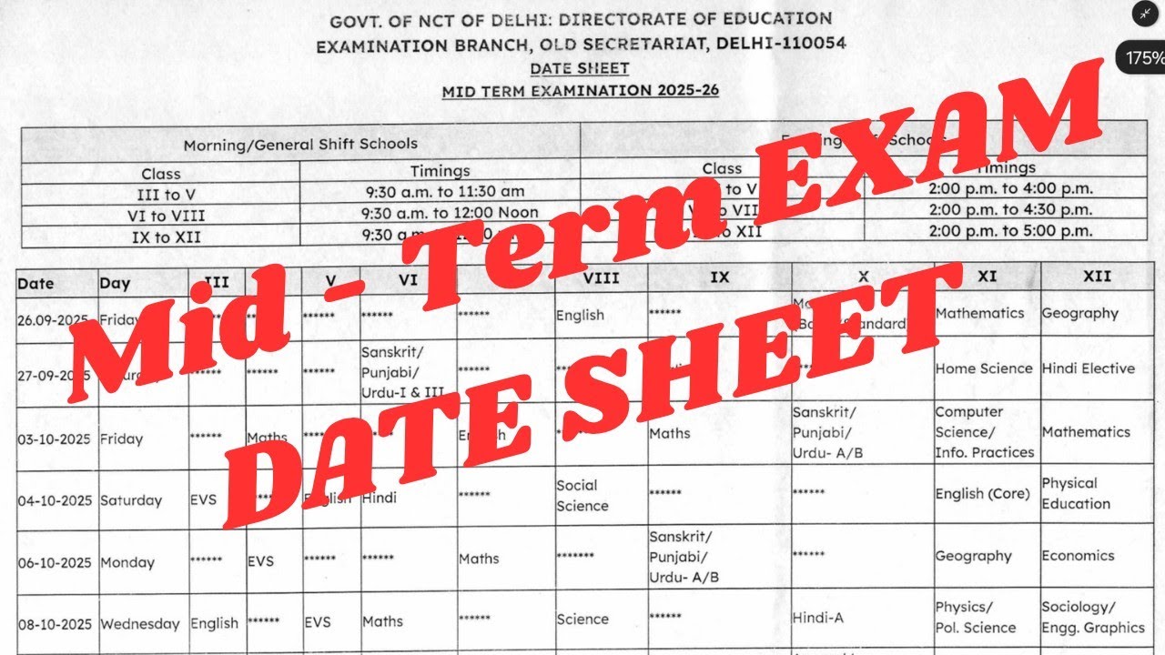 Mid -TeRM EXAM DATE SHEET ||  DATE SHEET for class 3-12 ||datesheet2025-26