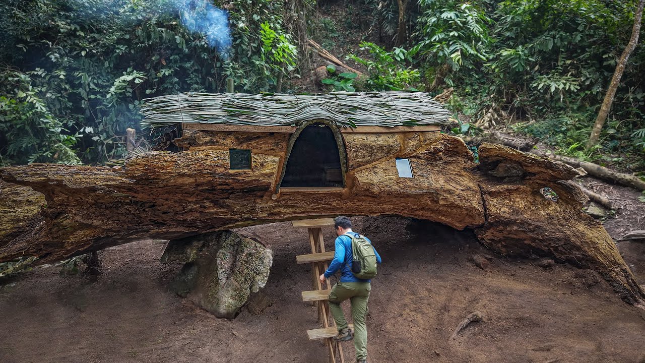 Alone Built a Secret House Inside a Giant Fallen Tree Trunk / sart to Finish.