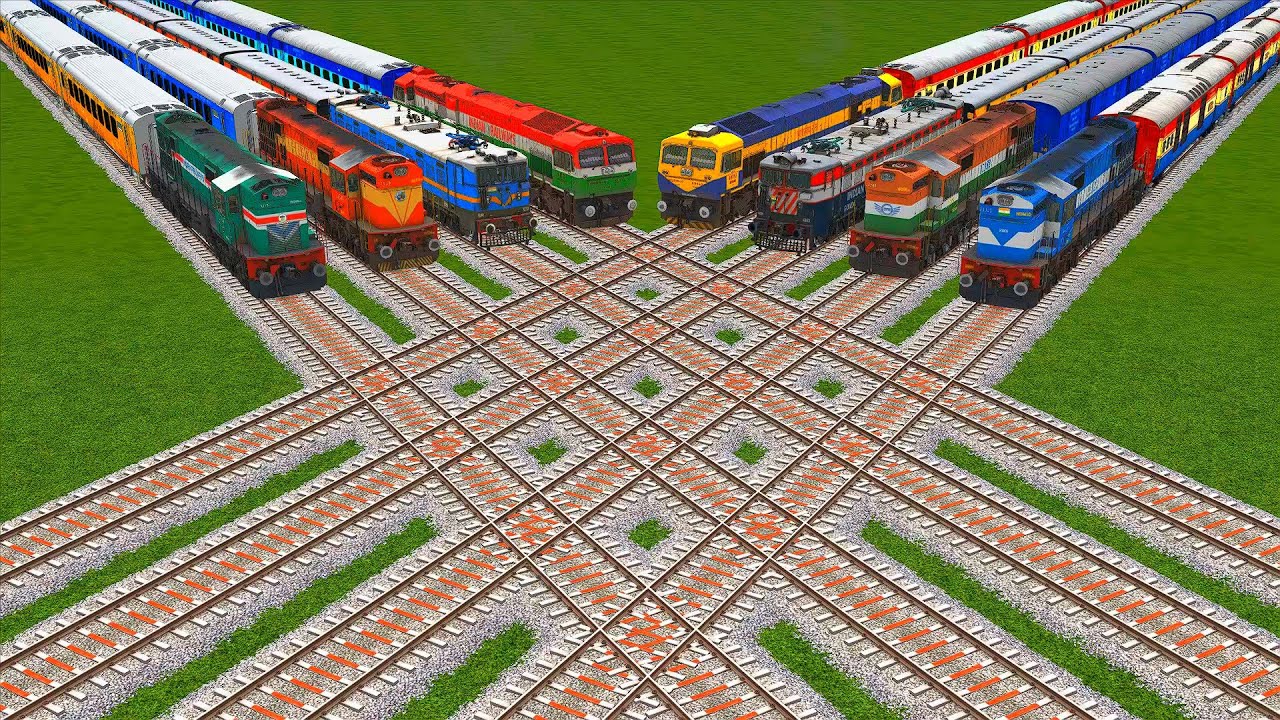 8 Colorful Diesel Trains Crazy Crossing On Crisscrossed Eight Railroad Crossing #21 -Indian Railways