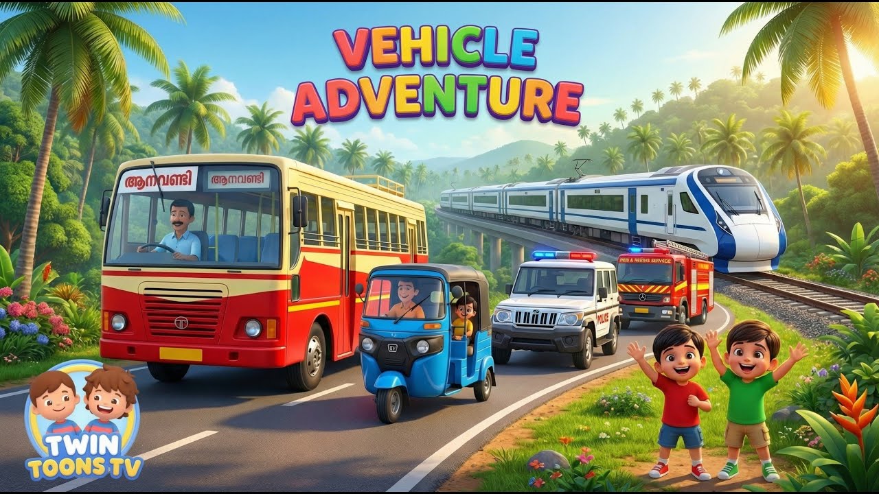 Malayalam Vehicle Songs for Kids 🚌 | ആനവണ്ടി & ഓട്ടോ പാട്ട് | 15 Mins Non-Stop | Twin Toons TV