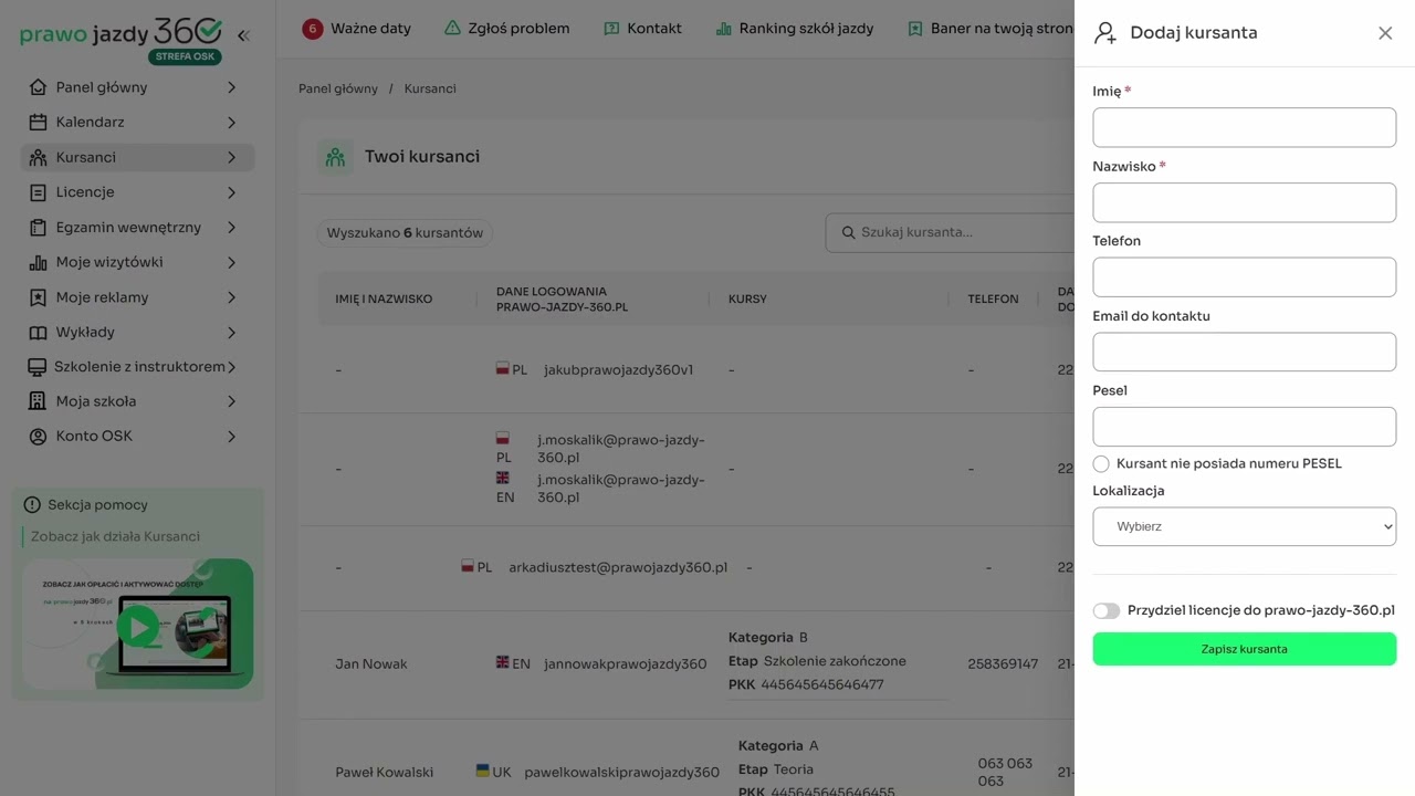 Panel OSK - biz.prawo-jazdy-360.pl Kursanci - Sekcja pomocy