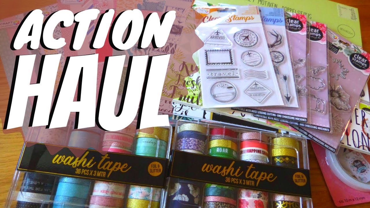 Scrapbook Craft HAUL from ACTION I 8 paper pads, 72 washi tapes, 5 clear stamp sets, brads, stickers