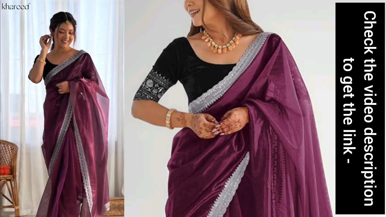 AKHILAM Women's Shimmer Organza Sequence Embroidery Saree With Unstitched Blouse Piece