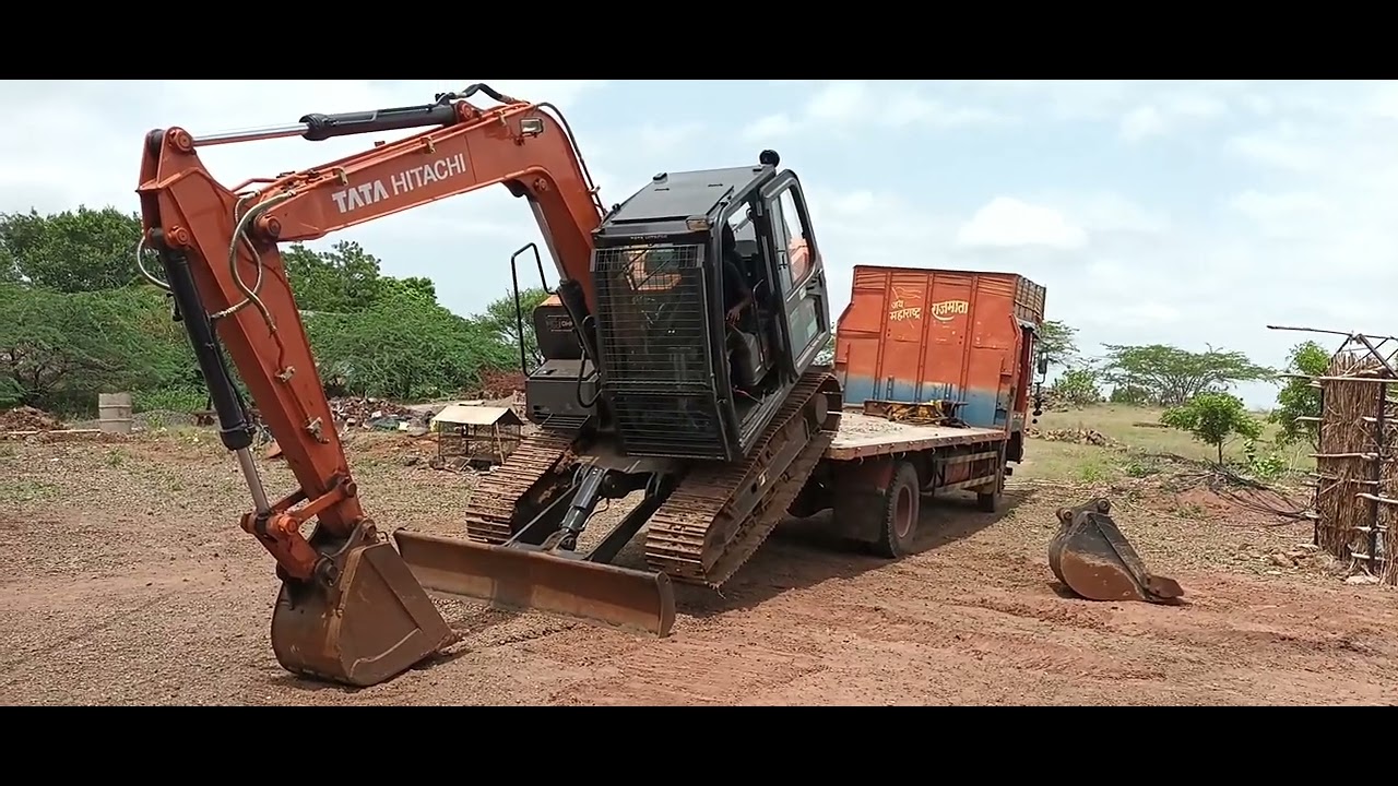 Tata Hitachi 70 excavator Loading Unloading in Truck without Ramp #tata #excavator #loading