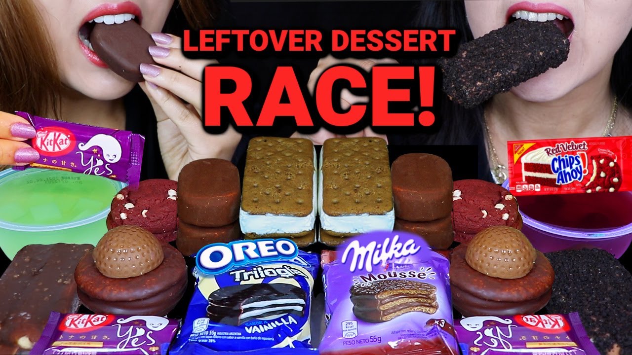 ASMR LEFTOVER DESSERT RACE! TICO ICE CREAM, MILKA MOUSSE ALFAJOR, PURPLE KITKAT, RED VELVET COOKIE먹방