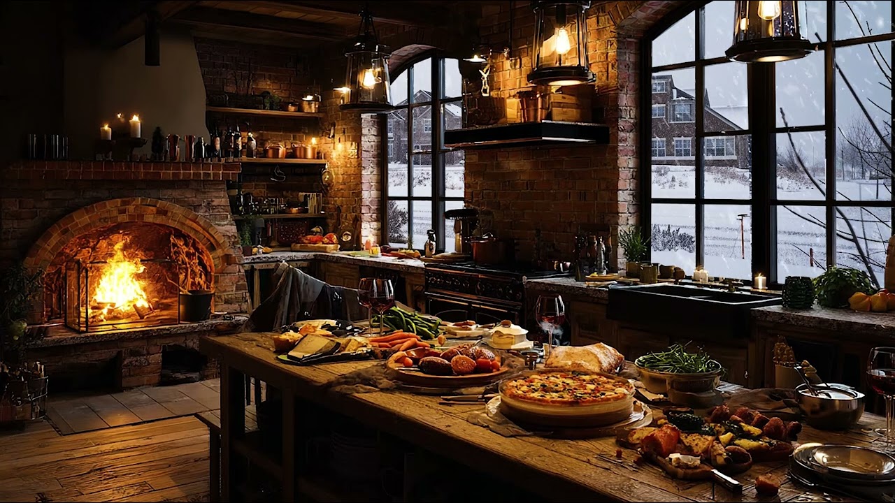 Cozy Winter Kitchen ❄️🔥 Crackling Woodfire Oven & Relaxing Kitchen Sounds