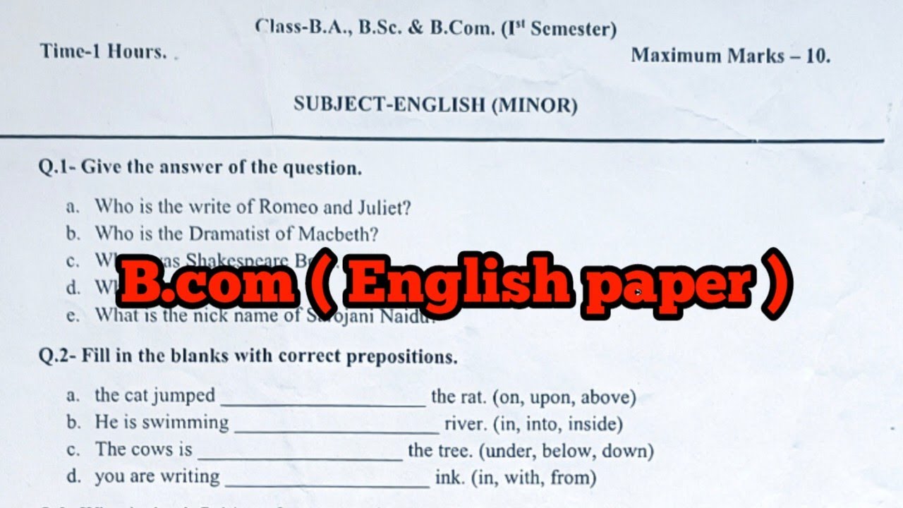 b.com 1st year semester 1 English minor paper 2022 -23