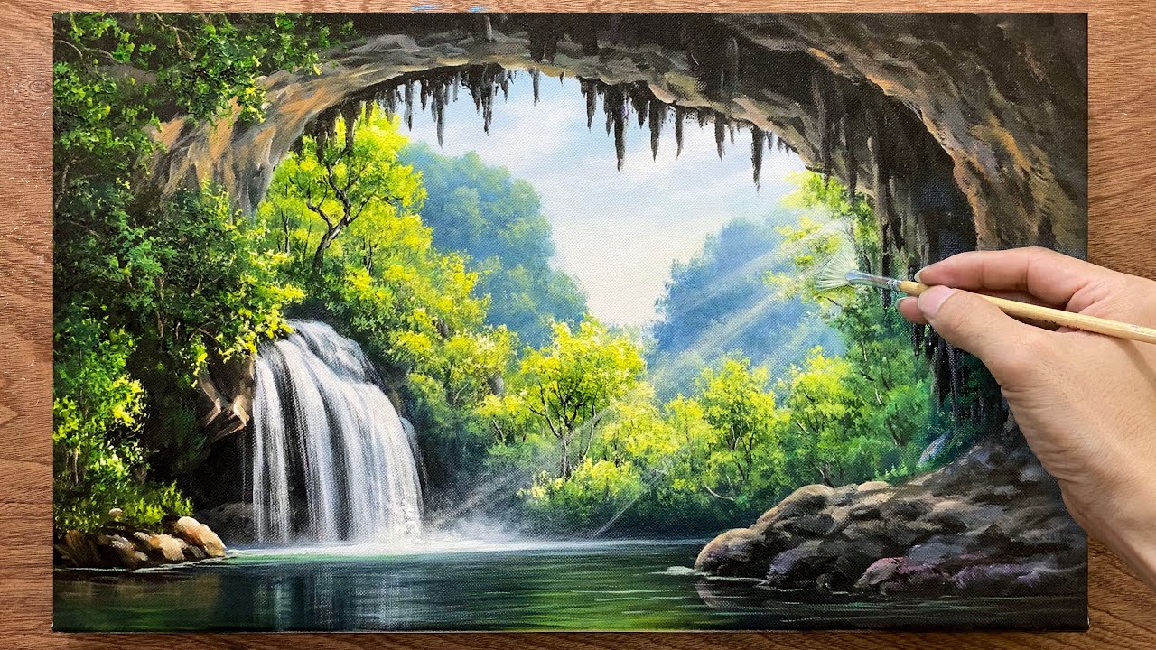 How to paint landscapes - Acrylic paint / Cave entrance landscape / Art painting.